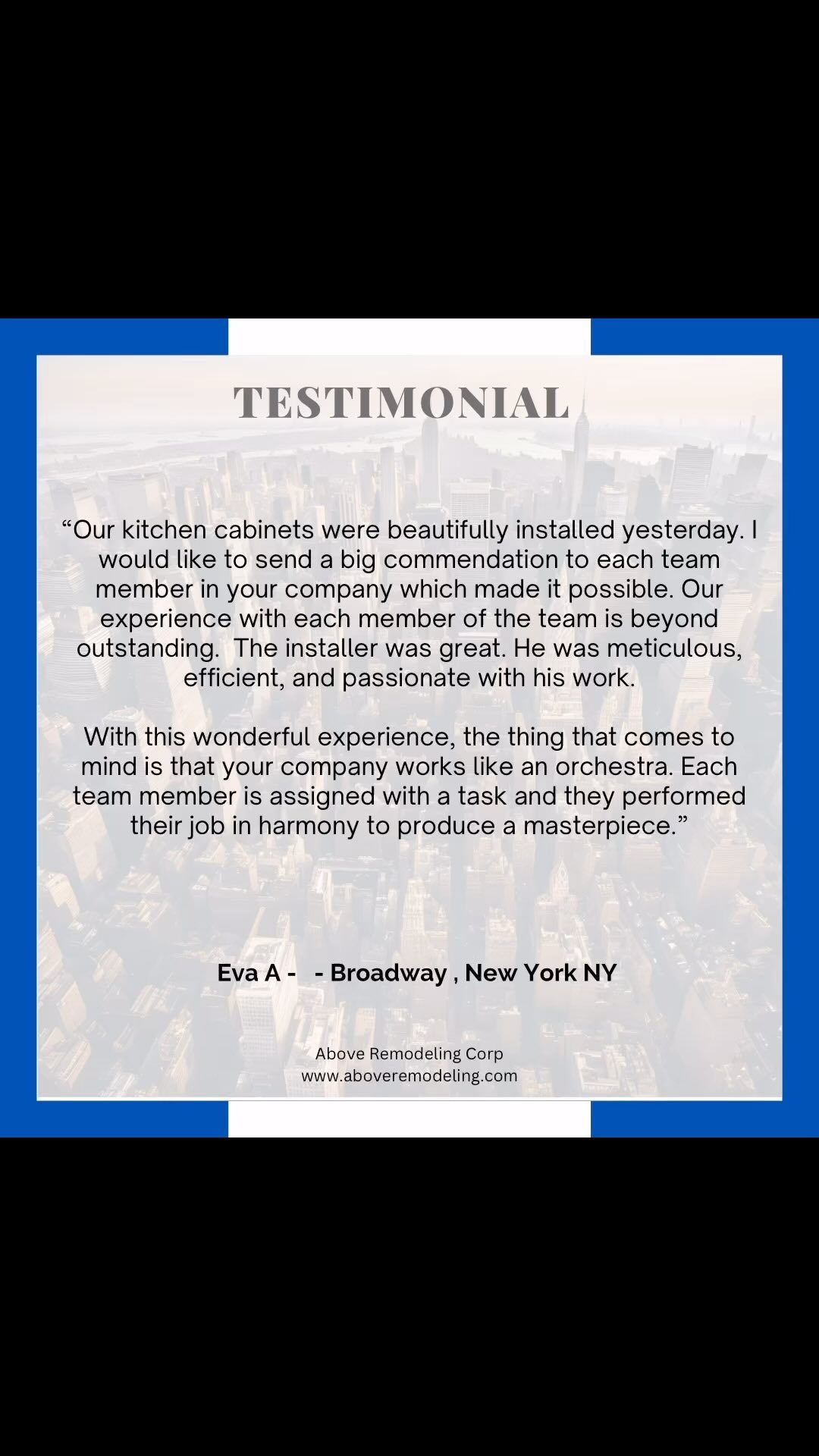 Why we do what we do!
.
“Our kitchen cabinets were beautifully installed yesterday. I would like to send a big commendation to each team member in your company which made it possible. Our experience with each member of the team is beyond outstanding. The installer was great. He was meticulous, efficient, and passionate with his work.
With this wonderful experience, the thing that comes to mind is that your company works like an orchestra. Each team member is assigned with a task and they performed their job in harmony to produce a masterpiece.”
.
.
#cabinetinstall #cabinetinstallation #nycgeneralcontractor #nycapartments #kitchenremodel #kitchenrenovation #nyclifestyle